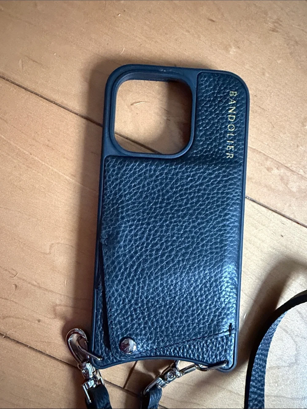 Bandolier Navy Pebbled Leather Crossbody Case with Gold Logo iPhone 14 Pro